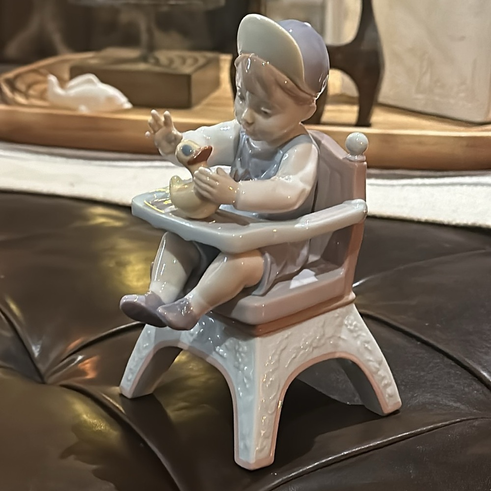 Lladro Porcelain Figurine - Blue and White Child in High Chair